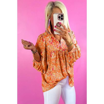 Orange Abstract Print Collared V Neck Babydoll Blouse