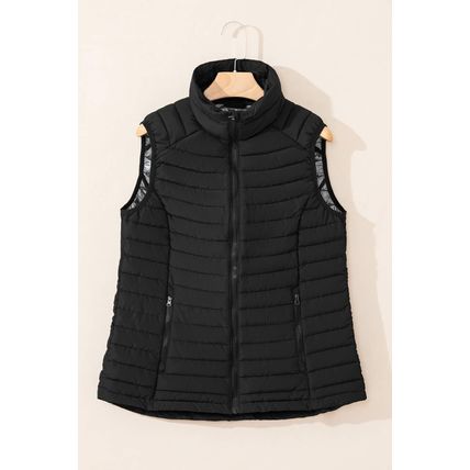 Black Plush Collared Quilted Zipped Puffer Vest