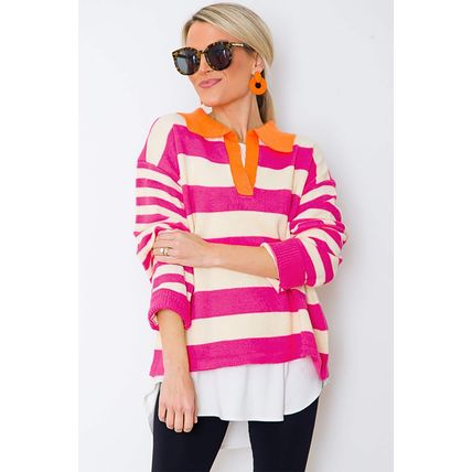 Rose Stripe Color Block Collared V Neck Drop Shoulder Sweater