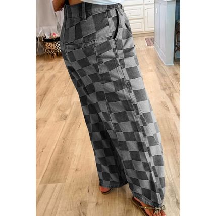 Dark Grey Checkered Denim Wide Leg Jeans