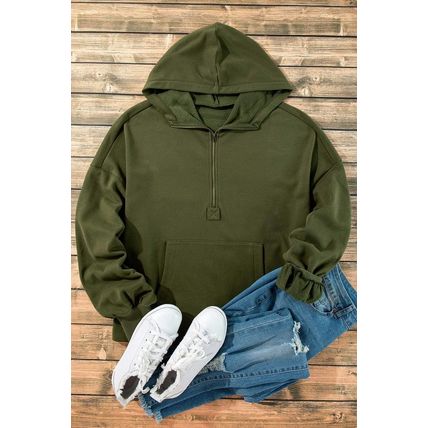 Moss Green Fleece Lined Half Zipper Kangaroo Pockets Loose Hoodie