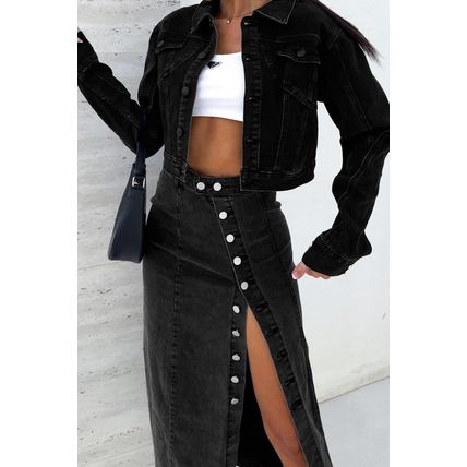 Black Button Fly Side Split High Waist Denim Midi Skirt