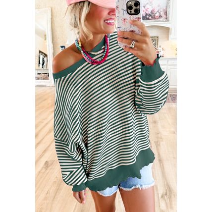 Green Stripe Loose Drop Shoulder Long Sleeve Top