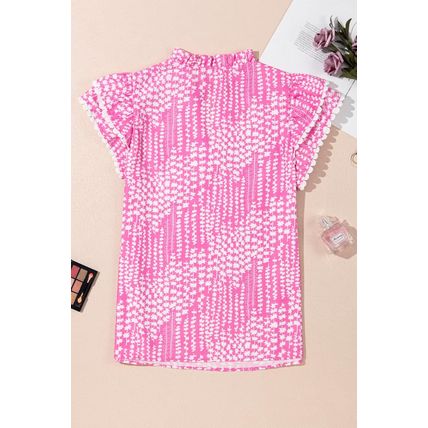 Pink Abstract Print Ric Rac Trim Flutter Sleeve Notch V Neck Blouse