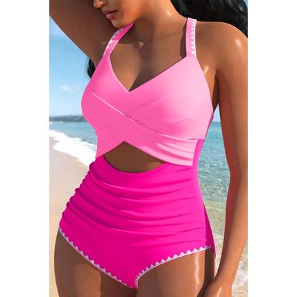 Rose Red Ric Rac Trim Contrasted Patchwork Cutout One Piece Swimsuit