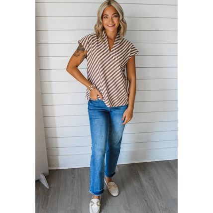 Chestnut Striped Stand V Neck Short Sleeve Blouse