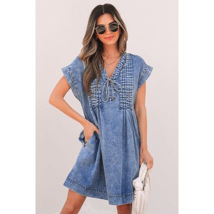 Beau Blue Tie V Neck Tucking Detail Short Sleeve Denim Shift Dress