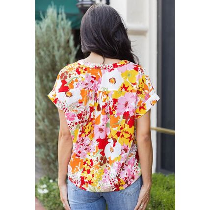 White Boho Floral Print V Neck Short Sleeves Top