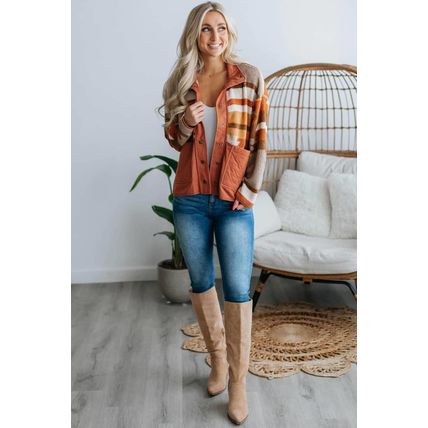 Brown Quilted Patch Pockets Aztec Furry Jacket