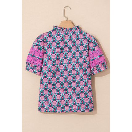 Sachet Pink V-Neck Ruffle Abstract Floral Print Puff Sleeve Top