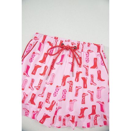 Pink Western Cowgirl Boots Printed Shirt Ruffled Shorts Pajama Set