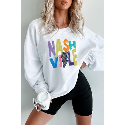 White Nashville Graphic Corded Oversized Sweatshirt