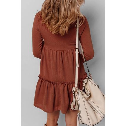 Straw Yellow Ribbed Frilled Trim High Waist Long Sleeve Mini Dress
