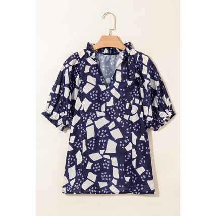 Blue Abstract Print Frilled Puff Sleeve V Neck Blouse