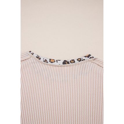 Jet Stream Leopard Patchwork Corded Knit Crew Neck T Shirt
