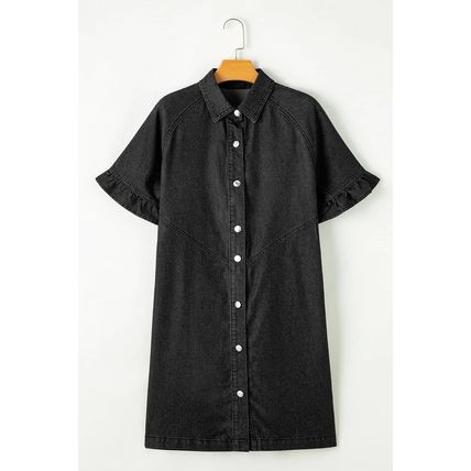 Black Frilled Short Sleeve Button Up Loose Denim Shirt Dress