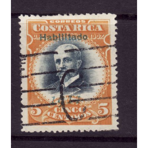 COSTA RICA 1911 5c BLUE & ORANGE OPT HABILITADO 1911 SG 90 FINE USED #5