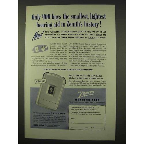 1954 Zenith Royal-M Hearing Aid Ad - Smallest, Lightest