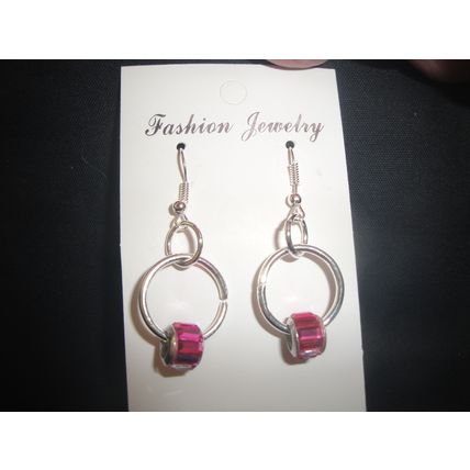 Exclusive dark rose pink baguette cut glass euro bead French hook link earrings