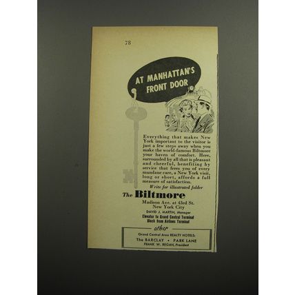 1952 The Biltmore Hotel Ad - At Manhattan's Front Door