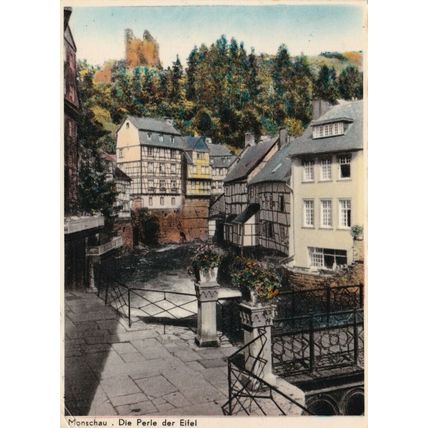 Monschau Hallerpartie Gernany Postcard posted 1956 creased