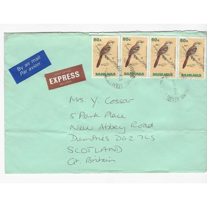 BAHAMAS 1991 BIRDS 4 x 60c BAHAMA MOCKINGBIRD COMMERCIAL COVER AIR MAIL TO UK