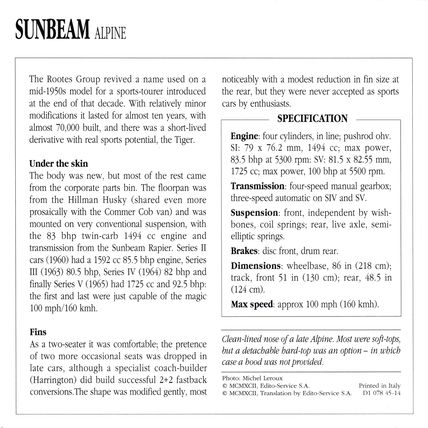 Collectors Club card. Classic Cars. Sunbeam Alpine #1