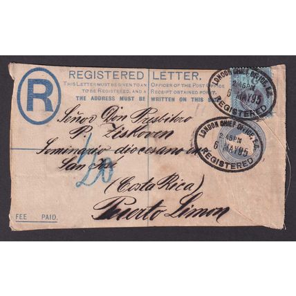 Great Britain QV 1895 2 1/2d SG201 on Registered Letter Front London Costa Rica