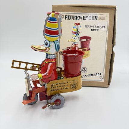 Fire Brigade Duck Tin Toy Germany Wilesco #280 Blechspielzeug Windup Works Boxed