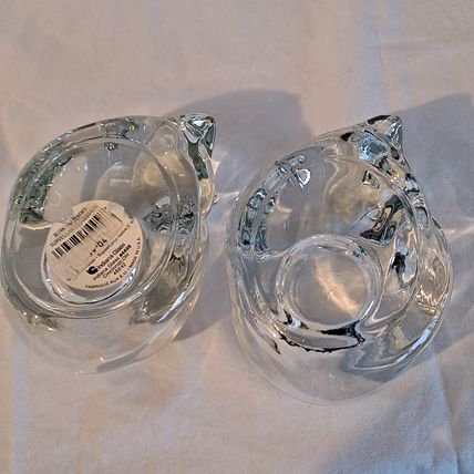 Indiana Glass Heavy 2 Clear CRYSTAL SLEEPING CAT Votive tea light Candle Holder
