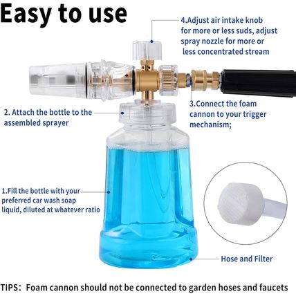 Foam Cannon - Pressure Washer Gun with 1/4 Inch Quick Connect and Adjustable Noz