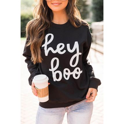 Black Hey Boo Letter Print Long Sleeve Pullover Sweatshirt