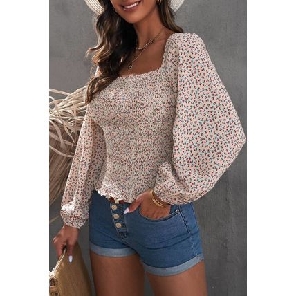 Apricot Square Neck Puff Sleeve Floral Smocked Top