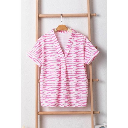 Rose Zebra Pattern V Neck Short Sleeve Blouse