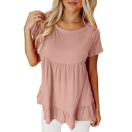 Pink Solid Short Sleeve Ruffle Hem Top