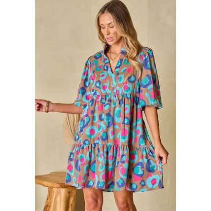 Green Leopard Print Bubble Sleeve Slit Neck Ruffled Dress
