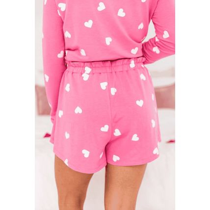 Pink Valentine Heart Print Long Sleeve Tee and Shorts Lounge Set