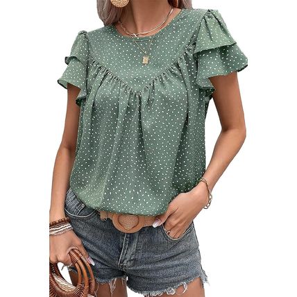 Laurel Green Dotted Ruffle Sleeve Crew Neck Ruched Blouse