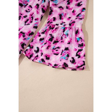 Rose Leopard Print Buttoned Front 3/4 Sleeve Tiered Ruffled Hem Dress
