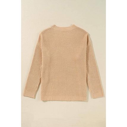 Apricot Cable Knit Drop Shoulder Side Slits Loose Sweater