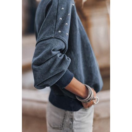 Sky Blue Beads Stud Drop Shoulder Loose Sweatshirt
