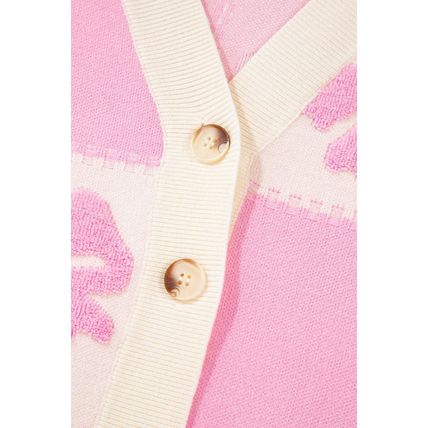 Pink Bowknot Checkered Pattern V Neck Drop Shoulder Button Up Cardigan
