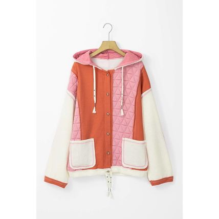 Coral Quilted Textured Patchwork Loose Fit Hooded Jacket