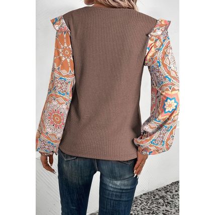 Coffee Ruffled Floral Sleeve Patchwork Waffle Knit O Neck Blouse
