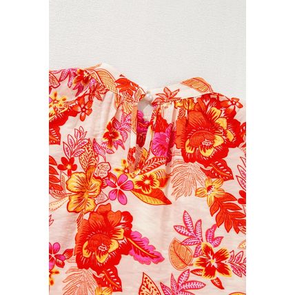 Orange Floral Print Pearl Button Keyhole Long Puff Sleeve Blouse