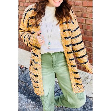 Beige Striped Pom Pom Knit Open Front Long Cardigan