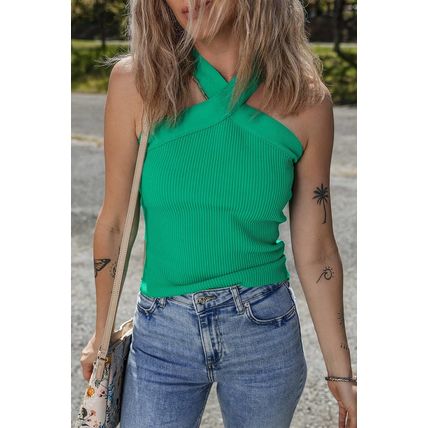 Dark Green Ribbed Criss Cross Halter Neck Sheath Sweater Tank Top