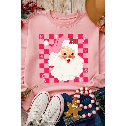 Pink Fancy Checkered Father Christmas Graphic Sweatshirt