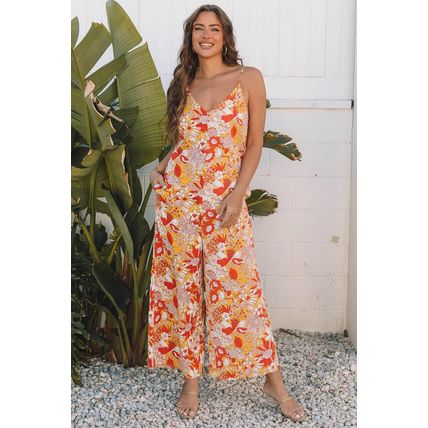 Orange Floral V Neck Wide Leg Sleeveless Jumpsuit