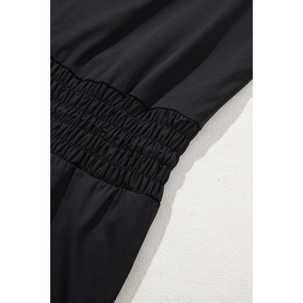 Black Plain Sleeveless Loop Drawstring Cinched Waist Romper